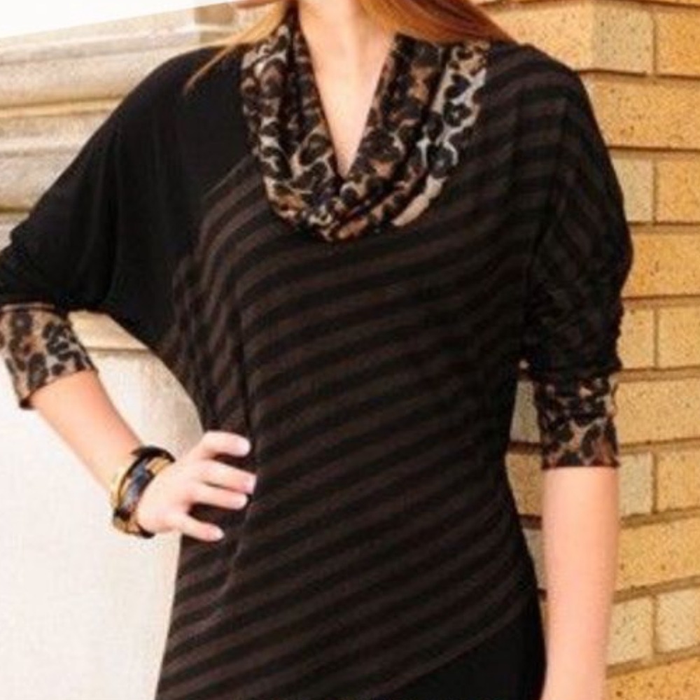 Joseph Ribkoff Designer Black Striped Leopard Animal Print Cowl Tunic Top, Sz. M